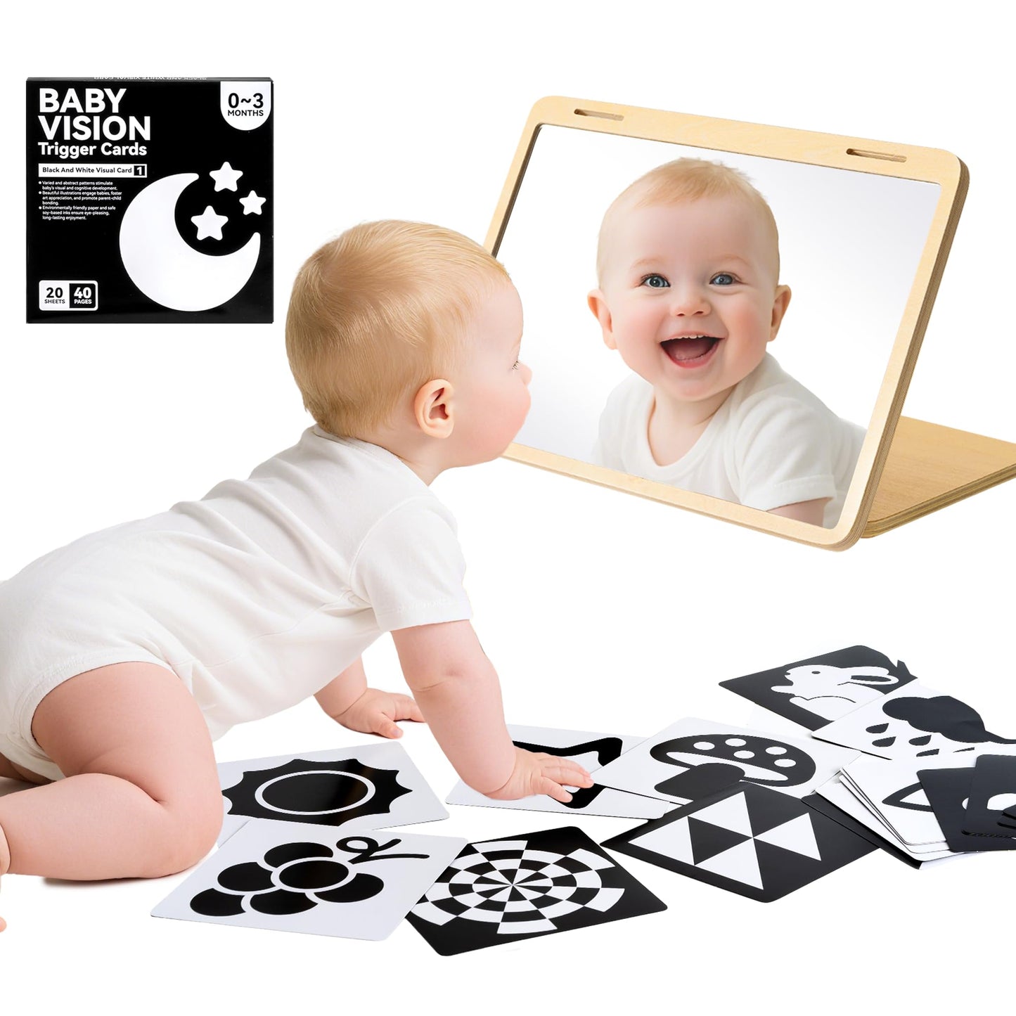 Brezlio Tummy Time Mirror with High-Contrast Cards | Montessori Baby Floor Mirror