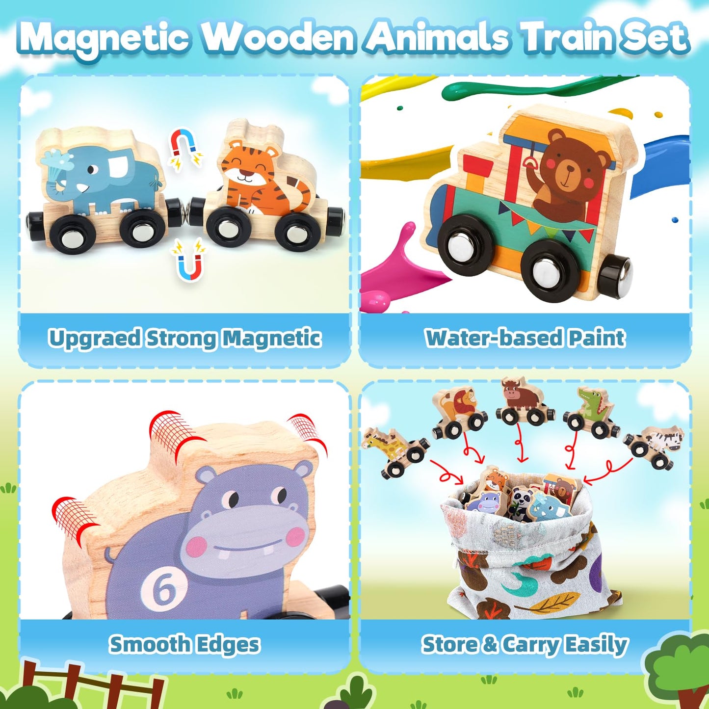 Brialice Montessori Wooden Animal Farm Train Set – Educational Magnetic Train for Toddlers 1–4
