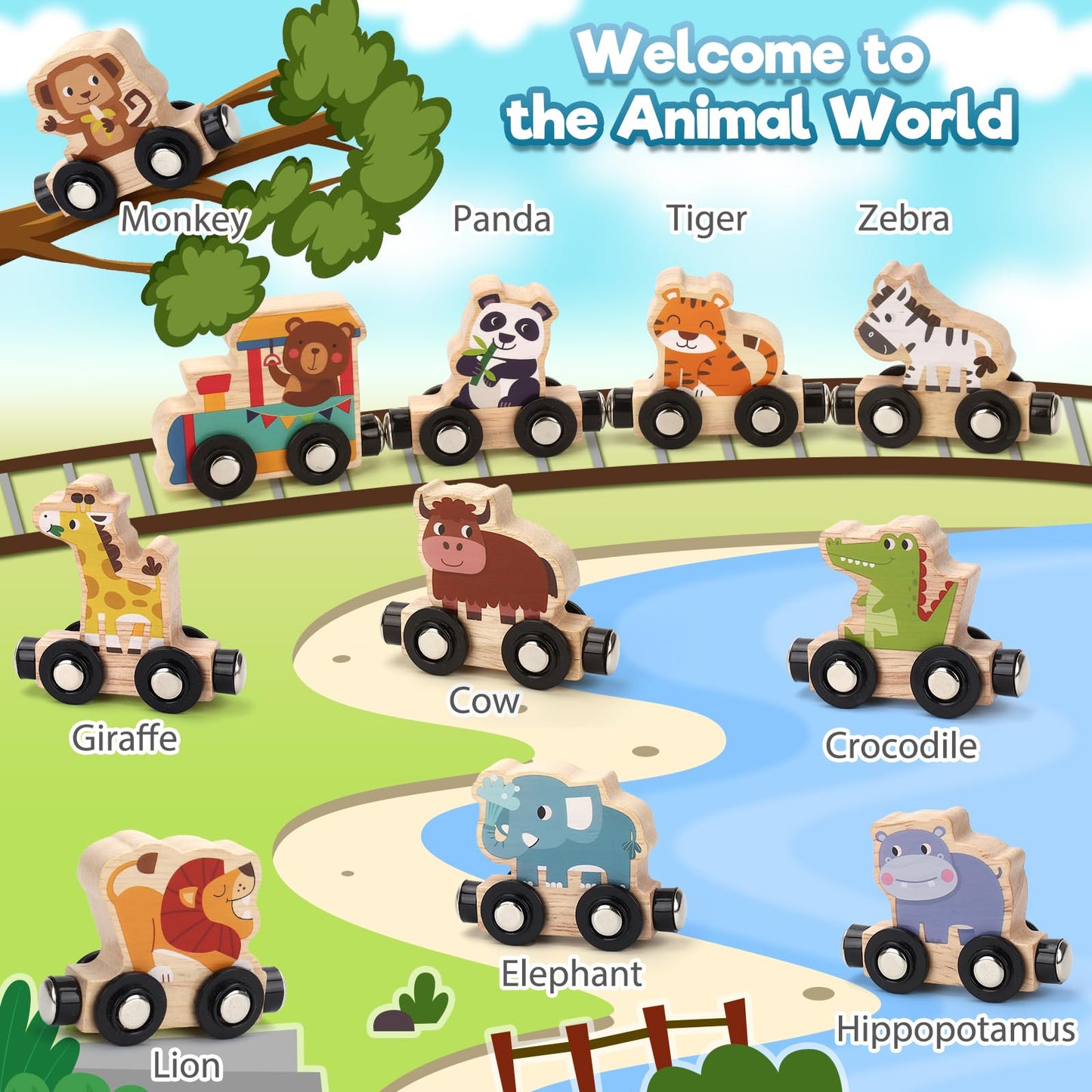 Brialice Montessori Wooden Animal Farm Train Set – Educational Magnetic Train for Toddlers 1–4