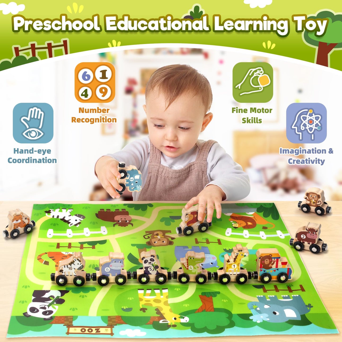 Brialice Montessori Wooden Animal Farm Train Set – Educational Magnetic Train for Toddlers 1–4