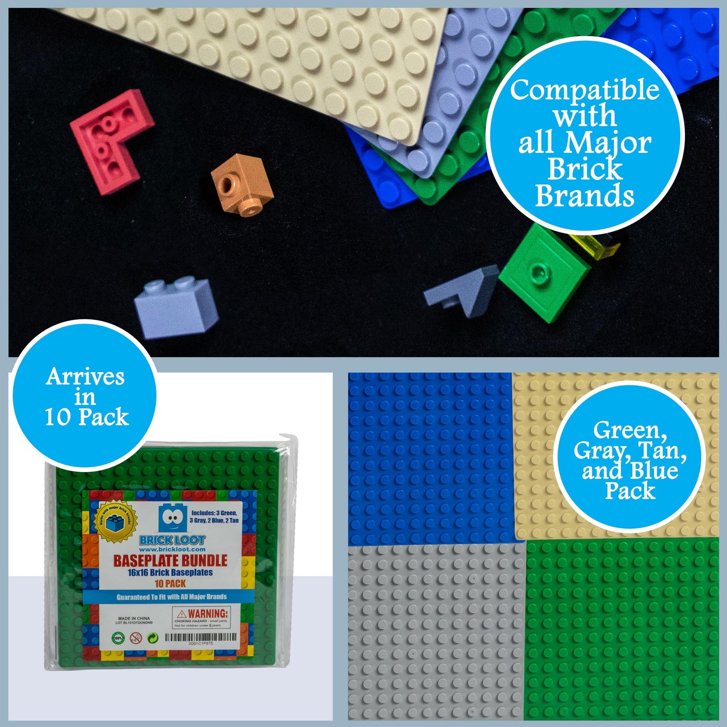 Brick Loot Classic Baseplates – 5x5, 10-Pack, Compatible with Major Brands