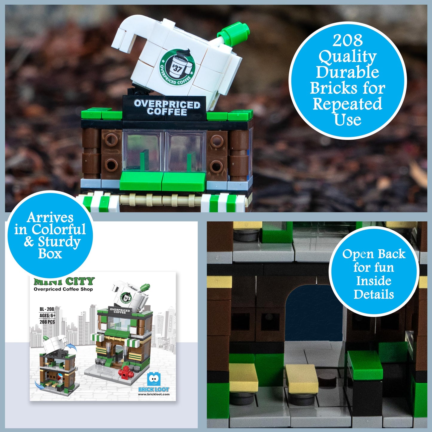 Brick Loot Mini City Coffee Shop – 208-Piece Building Set, LEGO Compatible, Ages 6+
