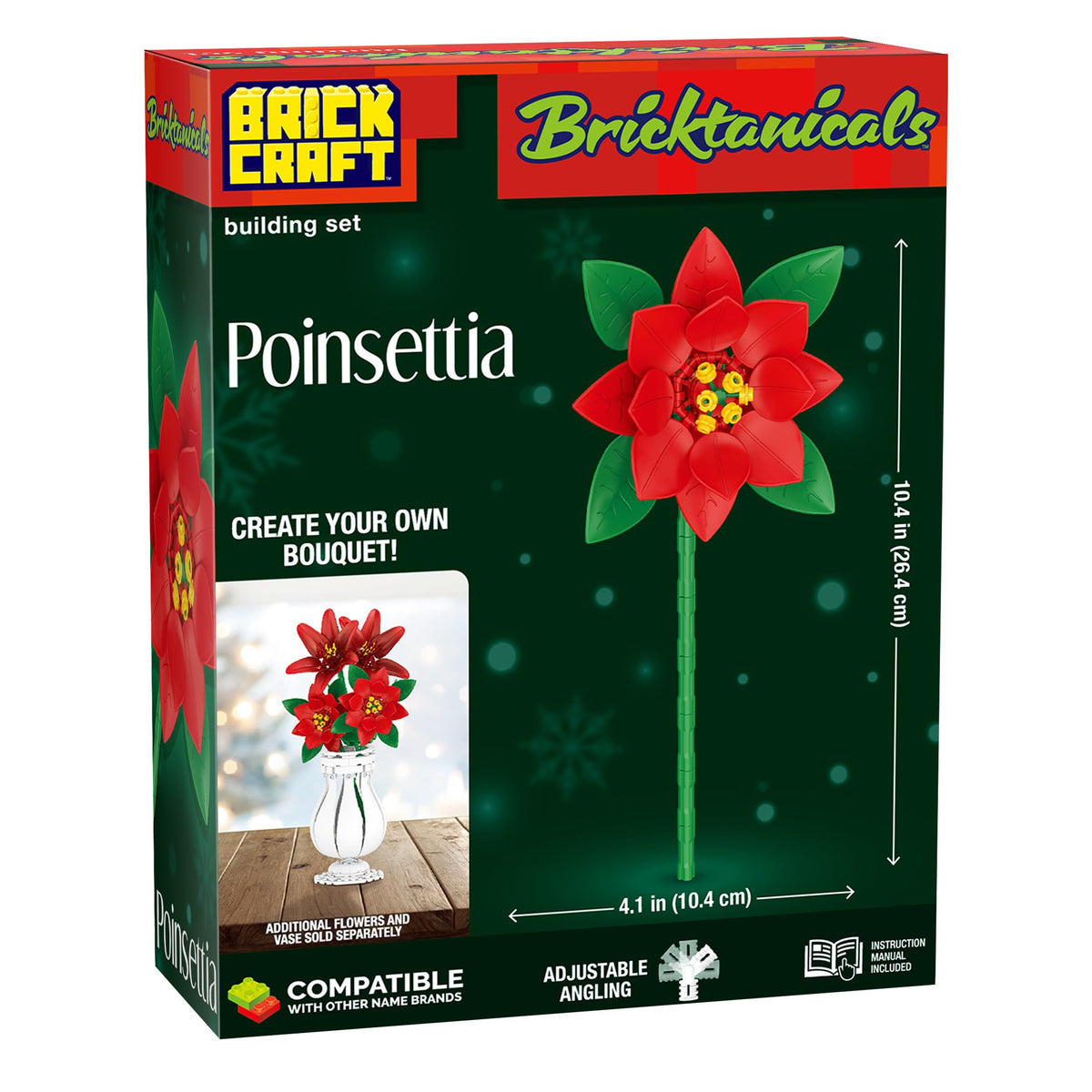 Brickcraft Bricktanicals Poinsettia Building Set — 56 PCS Holiday DIY Flower Kit