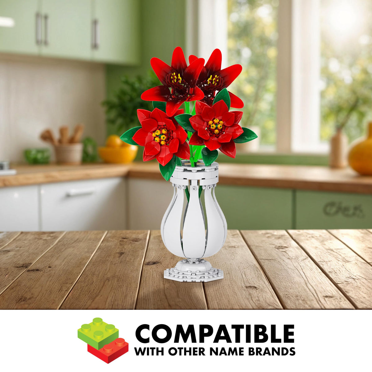 Brickcraft Bricktanicals Poinsettia Building Set — 56 PCS Holiday DIY Flower Kit