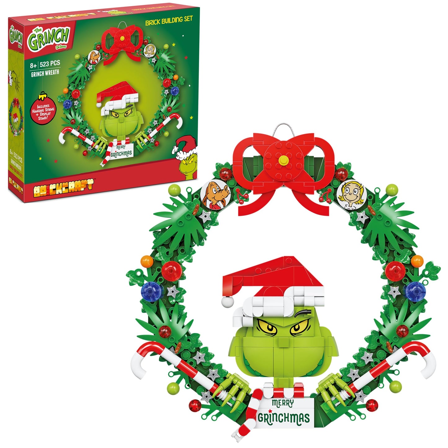 Brickcraft Grinch Wreath Brick Building Kit – 523-Piece Festive DIY Christmas Decor