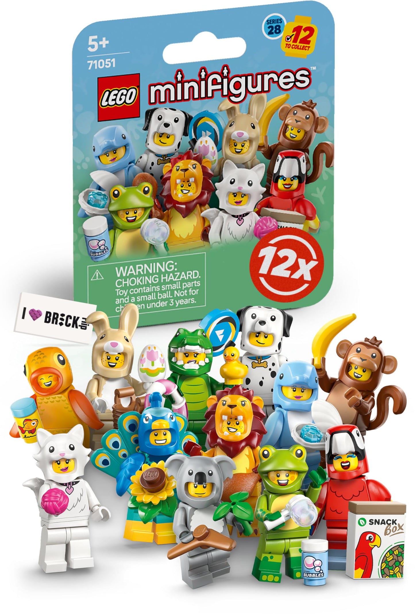 BRICK Flip LEGO Minifigures Series 28 - Complete 12-Figure Animal Set (71051) with Printed Tile