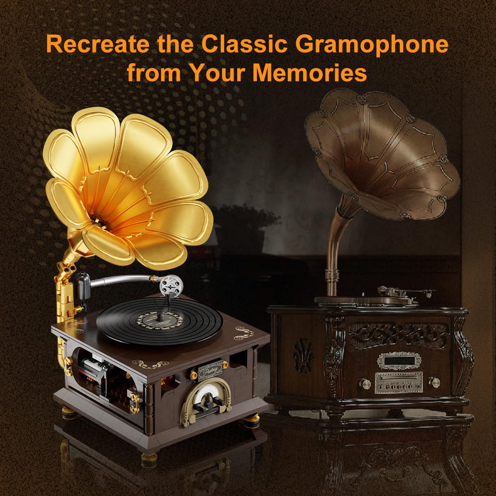 BRICKKK PANTASY Retro Phonograph Building Set – Vintage Gramophone Music Box Kit