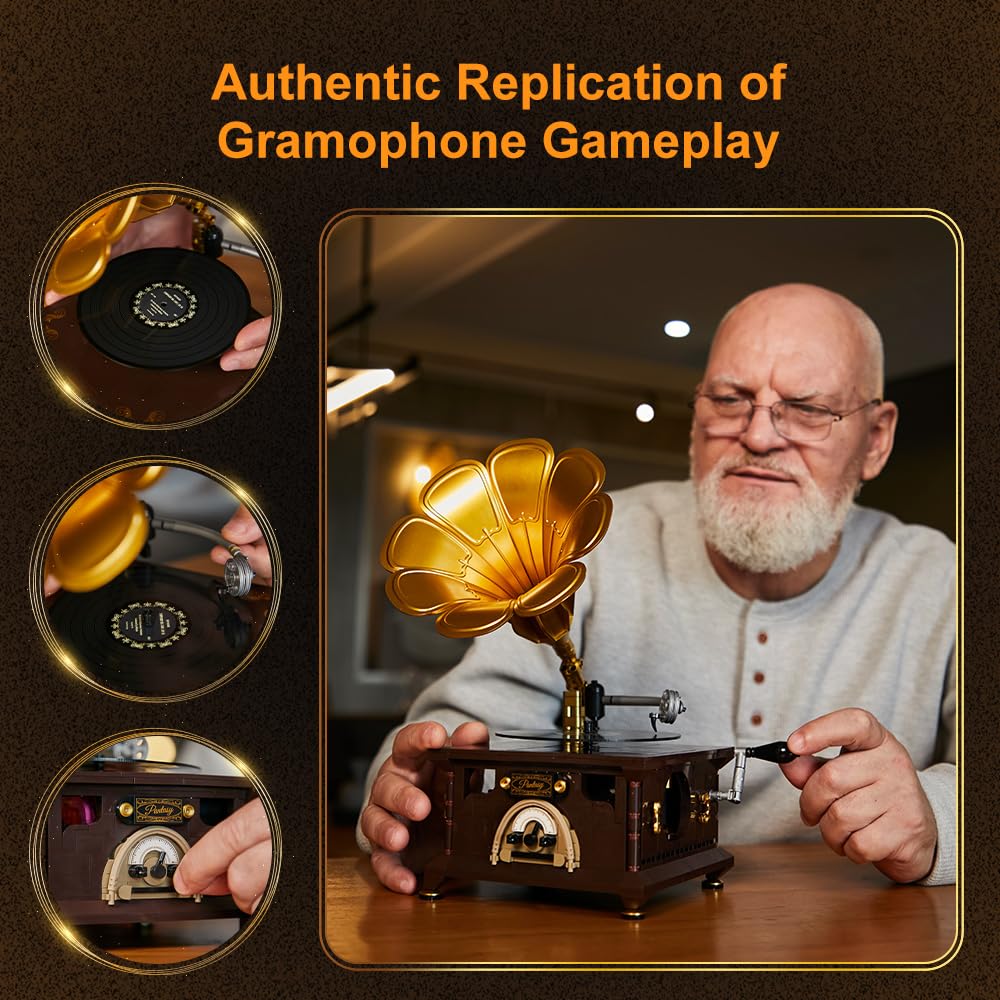 BRICKKK PANTASY Retro Phonograph Building Set – Vintage Gramophone Music Box Kit