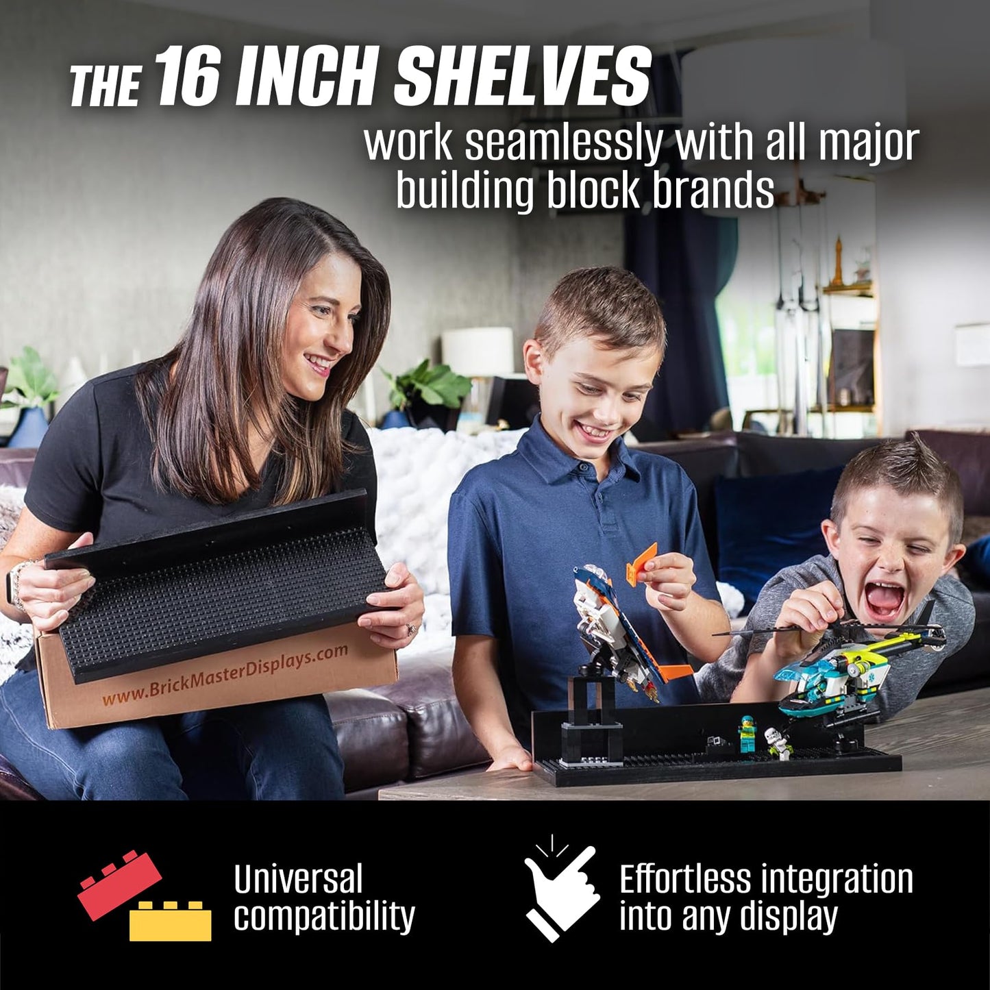 Brickmaster Displays - 16in Floating Shelves for Lego Displays (Black) - 2-Pack