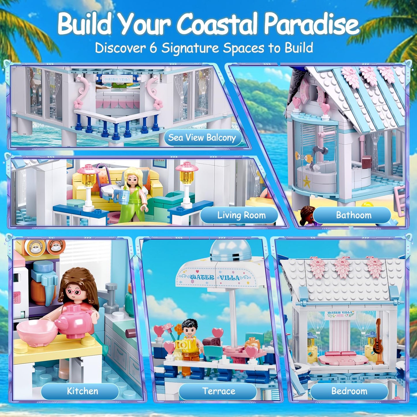 BrickTribe Friends Summer House Building Set for Girls 6-12 — 938 PCS, 7 Minifigures, Heartlake Compatible