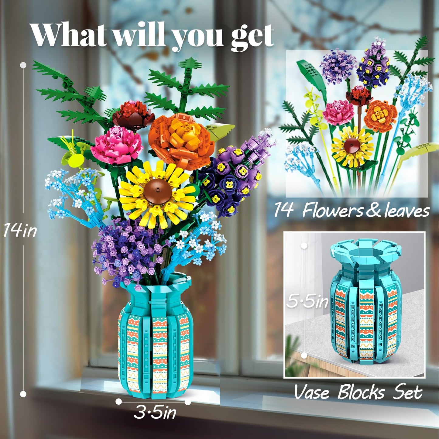 BrickTribe Flowers Set with Vase – 1853-Piece Botanical Bouquet Kit for Adults (14+)