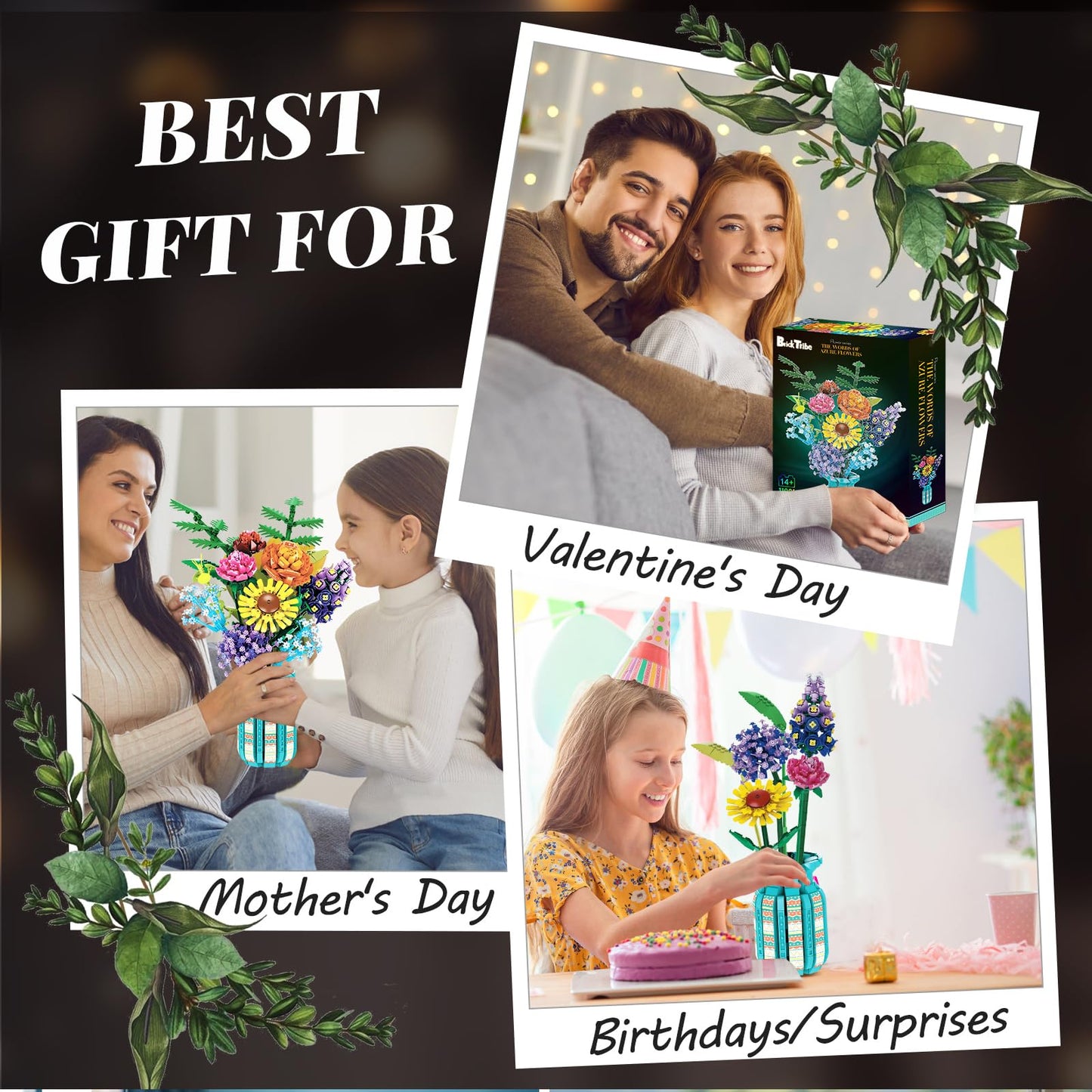 BrickTribe Flowers Set with Vase – 1853-Piece Botanical Bouquet Kit for Adults (14+)
