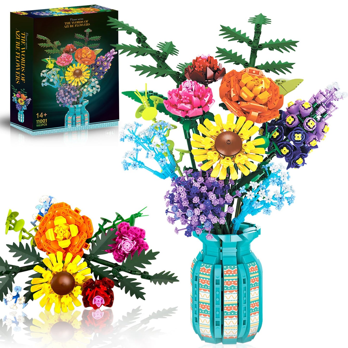 BrickTribe Flowers Set with Vase – 1853-Piece Botanical Bouquet Kit for Adults (14+)
