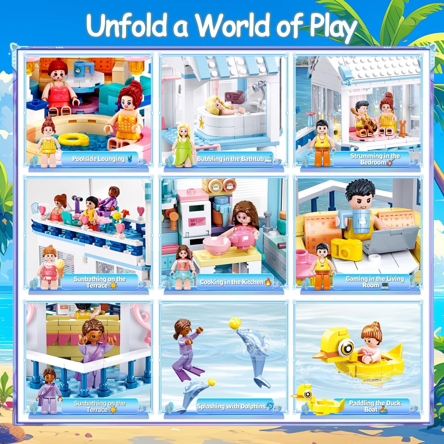 BrickTribe Friends Summer House Building Set for Girls 6-12 — 938 PCS, 7 Minifigures, Heartlake Compatible
