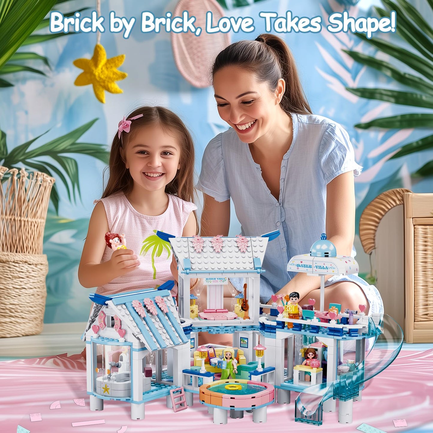 BrickTribe Friends Summer House Building Set for Girls 6-12 — 938 PCS, 7 Minifigures, Heartlake Compatible