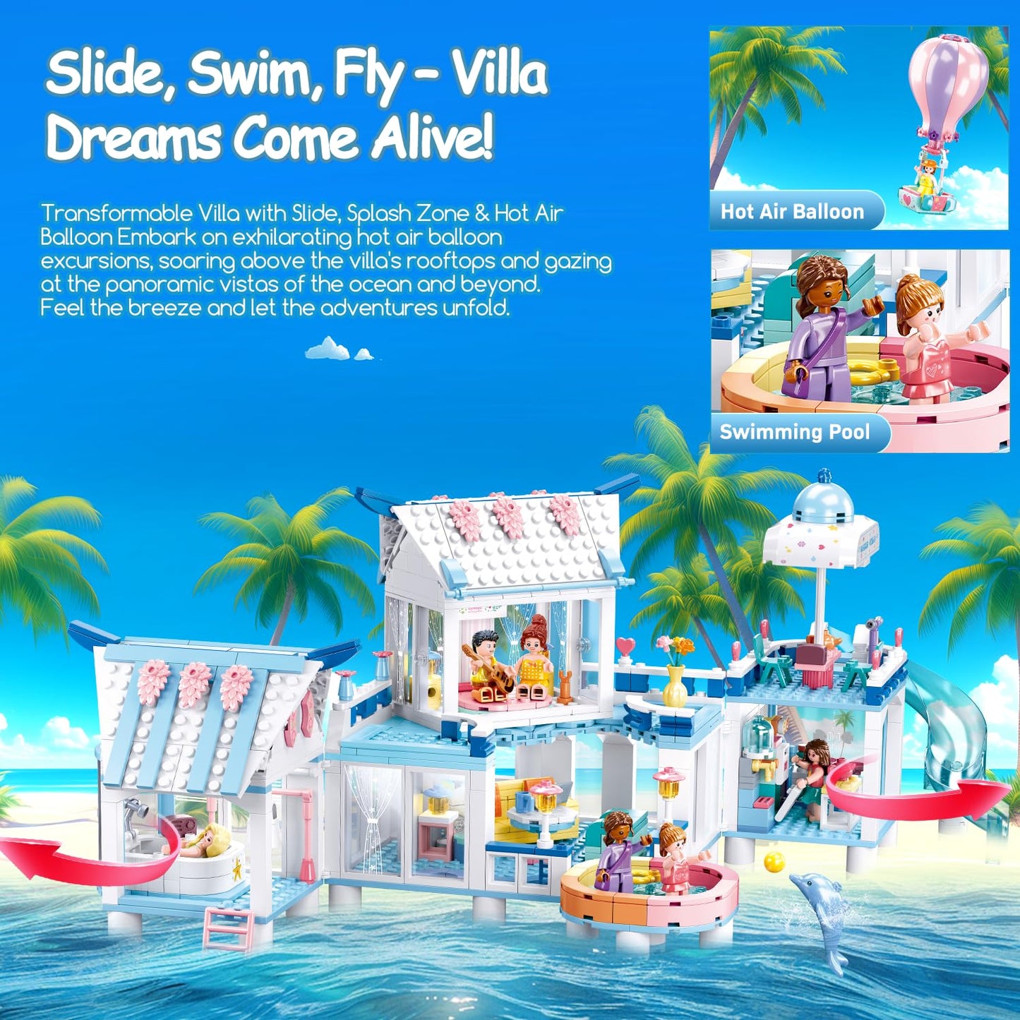 BrickTribe Friends Summer House Building Set for Girls 6-12 — 938 PCS, 7 Minifigures, Heartlake Compatible