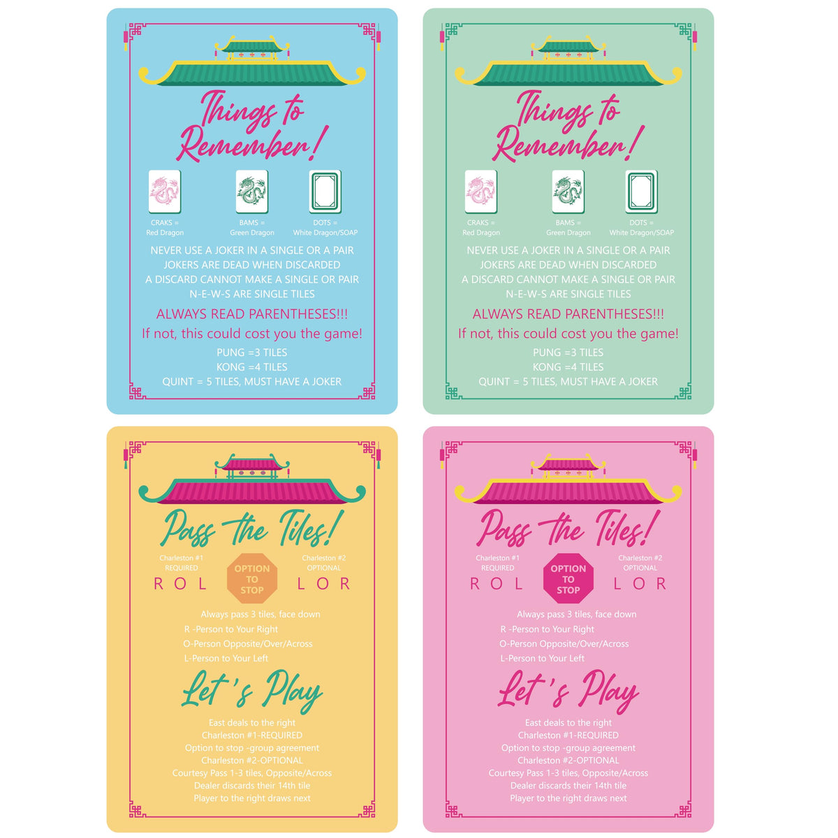 BrightRow 4 Pcs Mahjong Shufflers - Portable Tile Mixers with Printed Rules Pastel 7x5 in