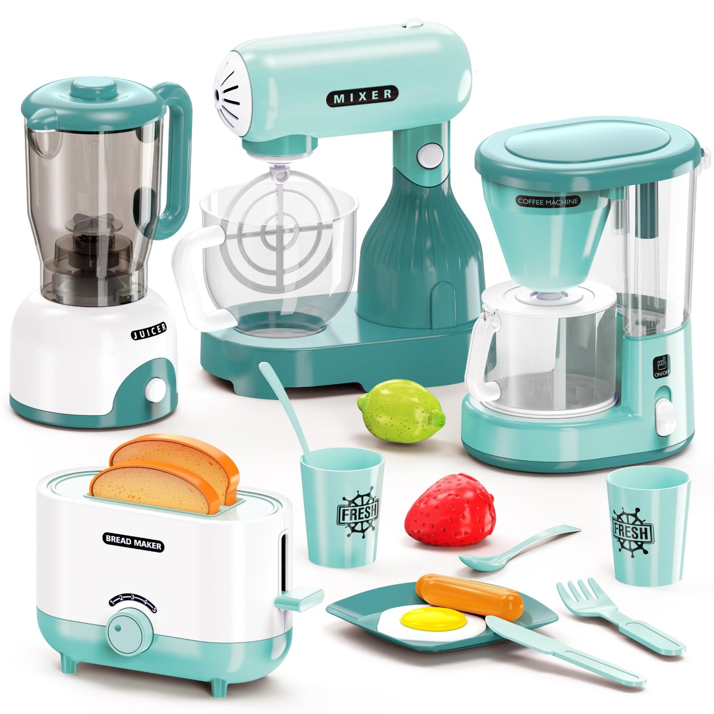 BRIGPICIOUS Kids Play Kitchen Accessories Set – Blender, Coffee Maker, Mixer & Toaster