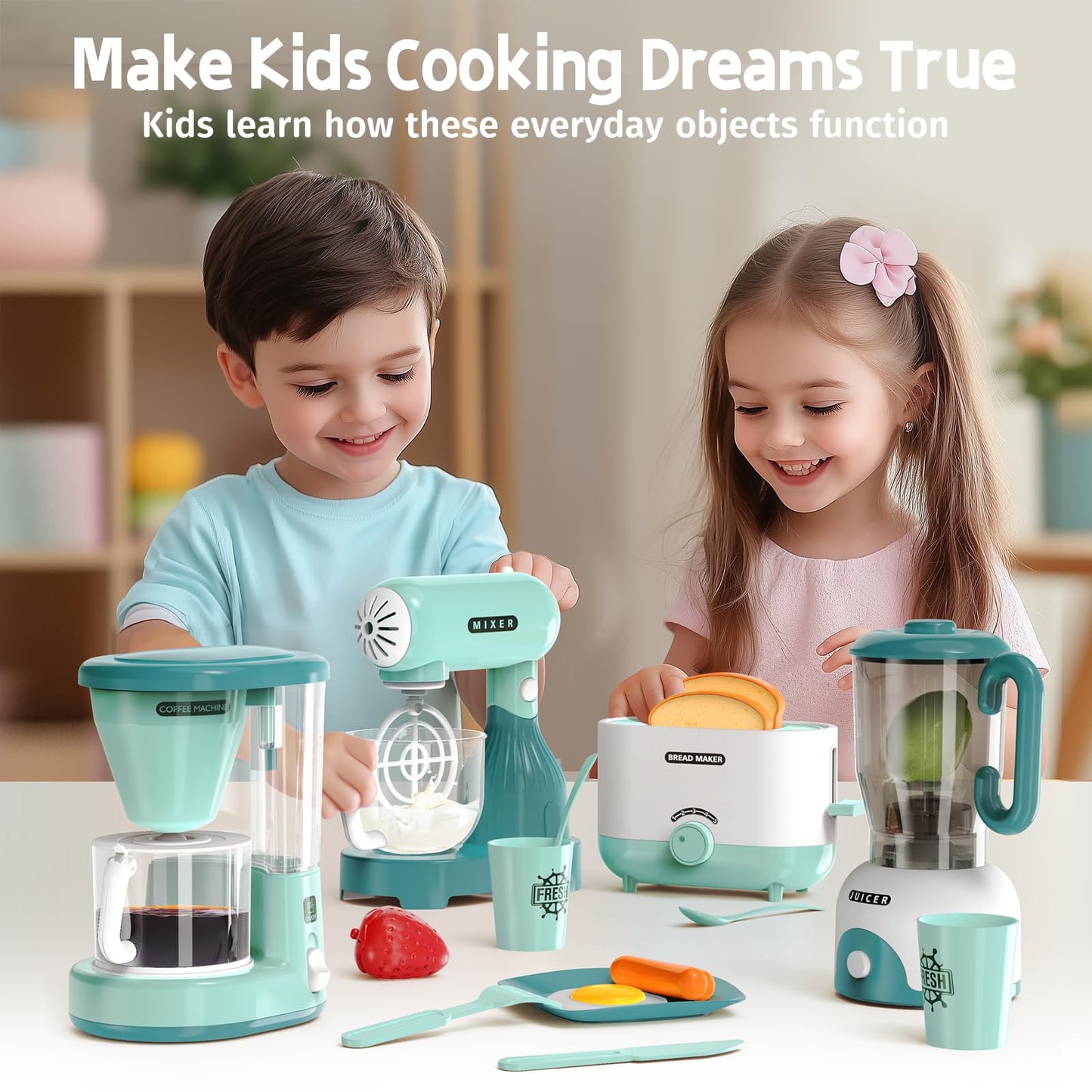 BRIGPICIOUS Kids Play Kitchen Accessories Set – Blender, Coffee Maker, Mixer & Toaster
