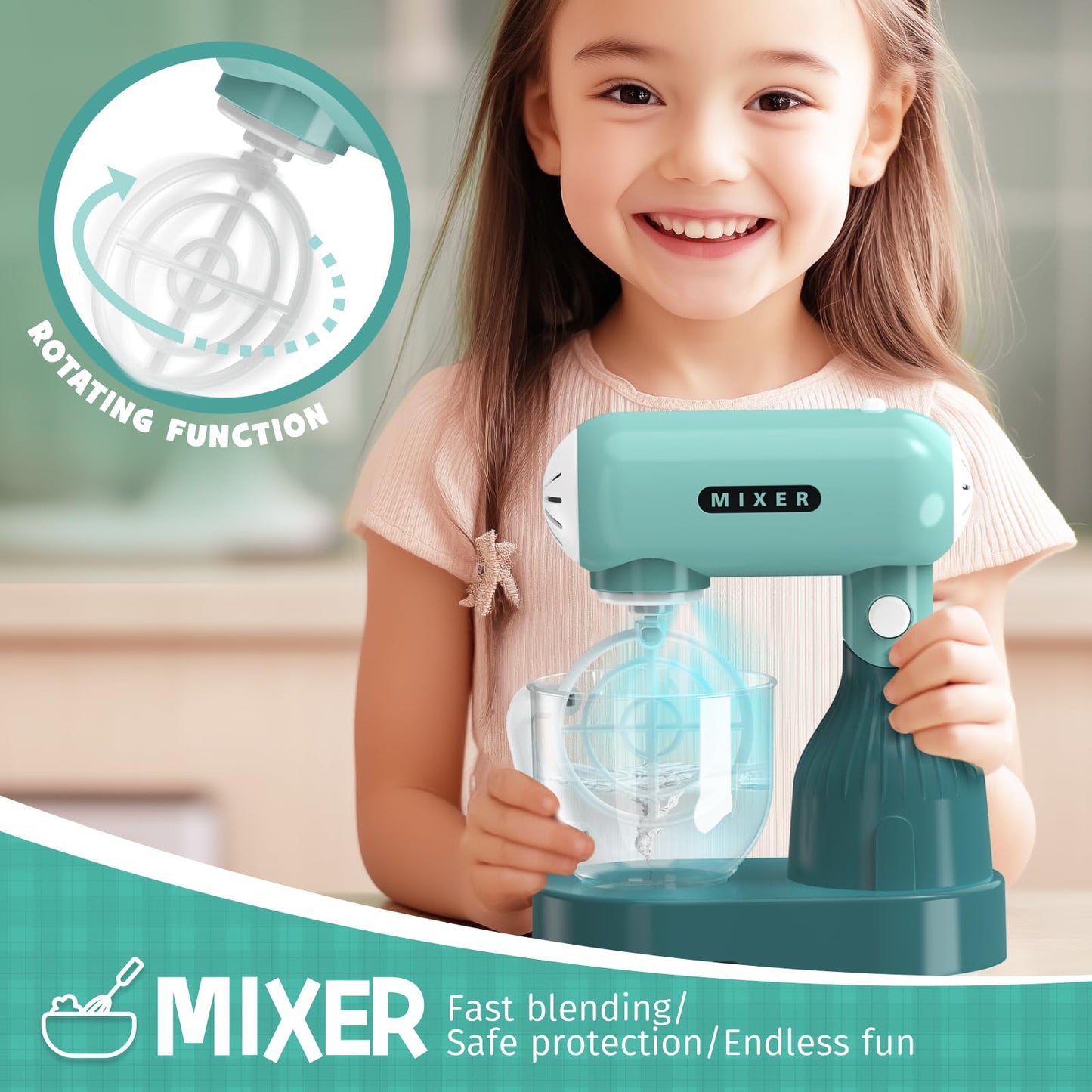 BRIGPICIOUS Kids Play Kitchen Accessories Set – Blender, Coffee Maker, Mixer & Toaster