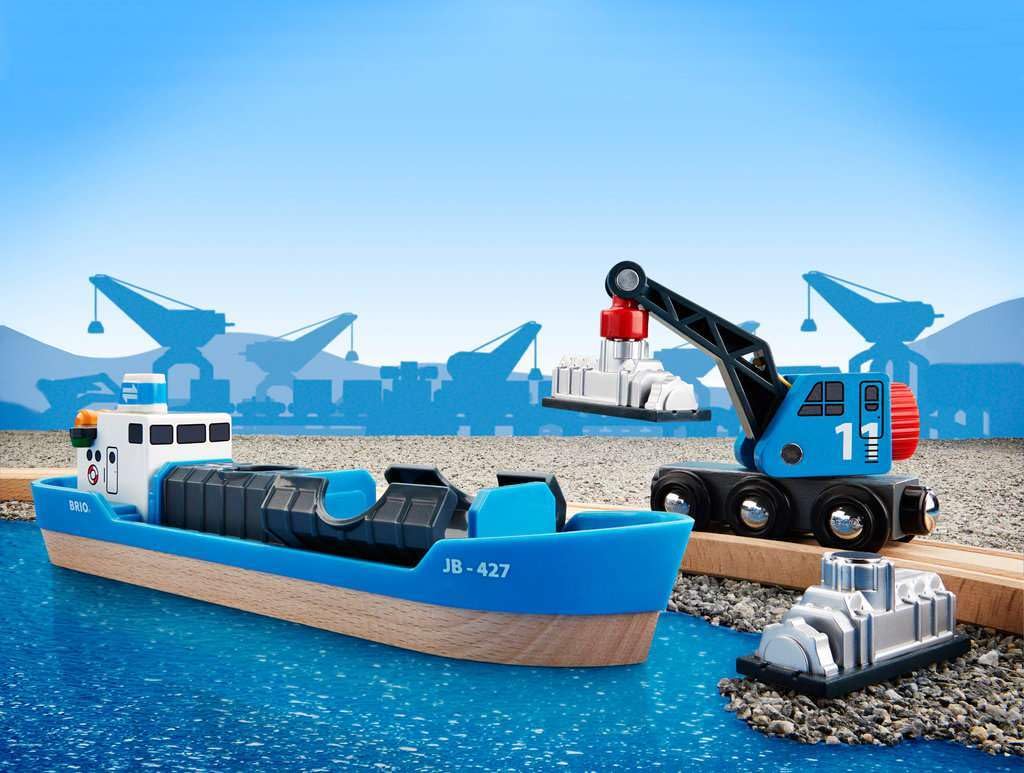 BRIO World 33534 Container Ship & Crane Wagon – 4-Piece Toddler Train Set (Ages 3+)