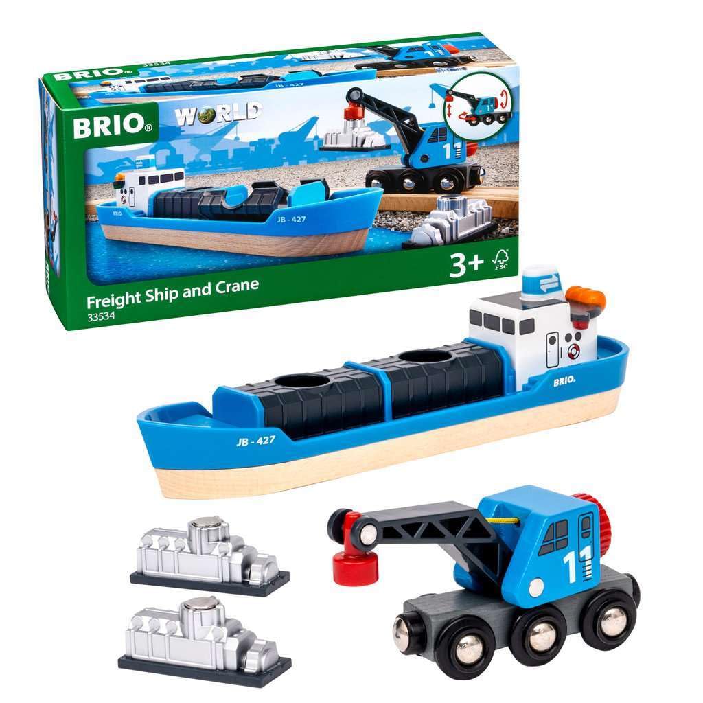 BRIO World 33534 Container Ship & Crane Wagon – 4-Piece Toddler Train Set (Ages 3+)