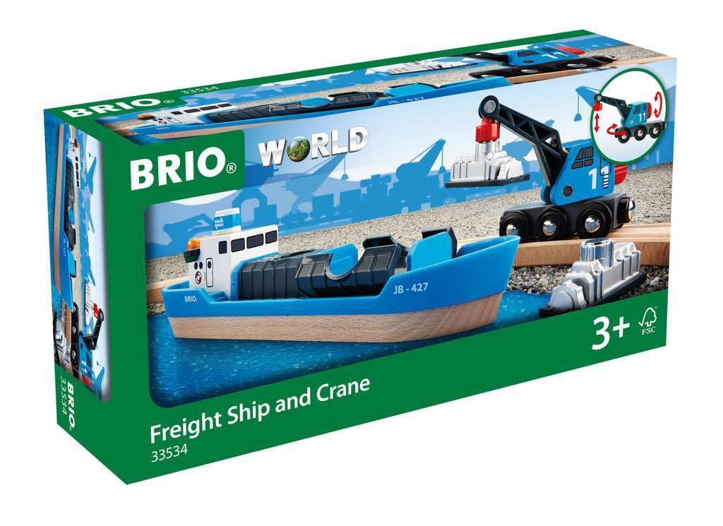 BRIO World 33534 Container Ship & Crane Wagon – 4-Piece Toddler Train Set (Ages 3+)