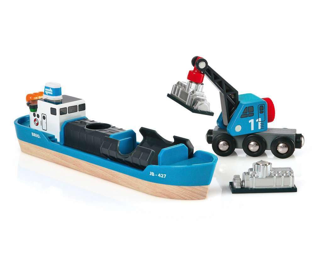 BRIO World 33534 Container Ship & Crane Wagon – 4-Piece Toddler Train Set (Ages 3+)