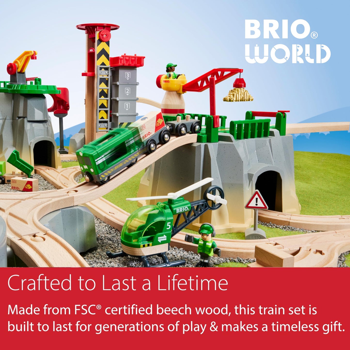 BRIO World Cargo Mountain Set – 49-Piece FSC-Certified Wood Train Playset with Crane & Helicopter