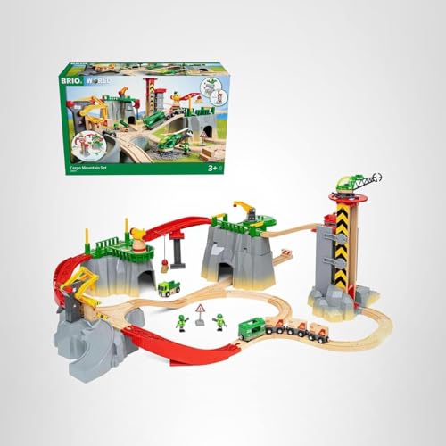 BRIO World Cargo Mountain Set – 49-Piece FSC-Certified Wood Train Playset with Crane & Helicopter