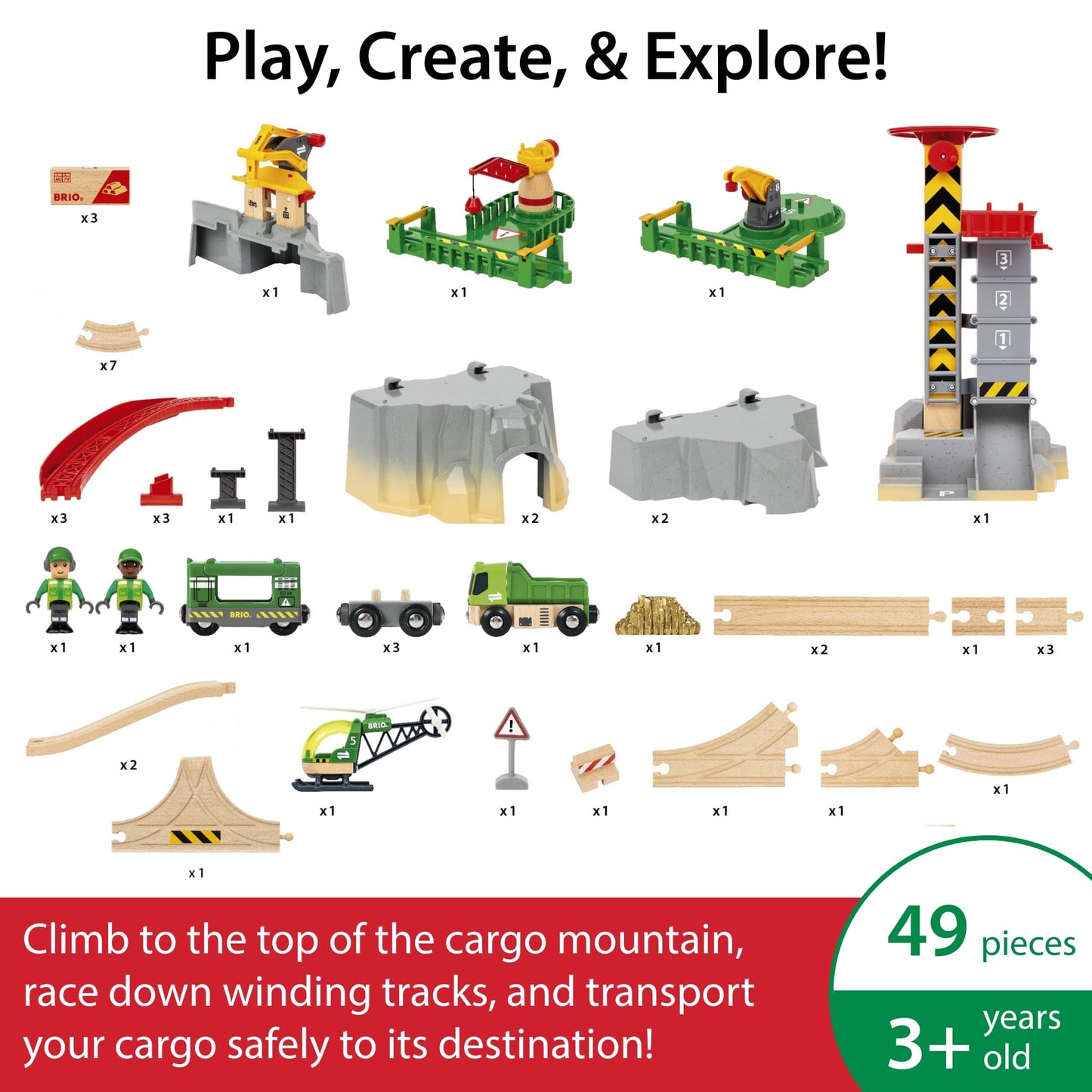 BRIO World Cargo Mountain Set – 49-Piece FSC-Certified Wood Train Playset with Crane & Helicopter