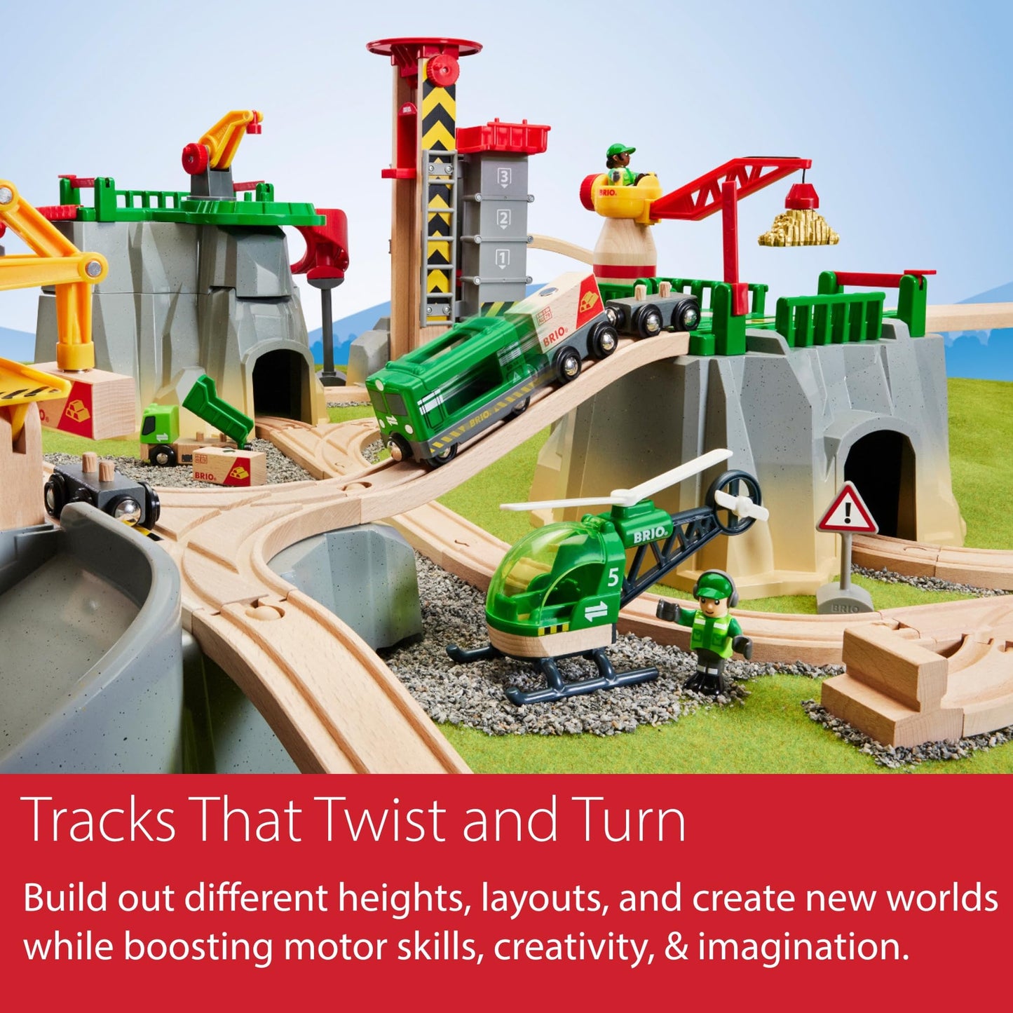 BRIO World Cargo Mountain Set – 49-Piece FSC-Certified Wood Train Playset with Crane & Helicopter