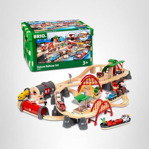 BRIO World Deluxe Railway Set – 87-Piece Wooden Train Set with Passenger & Freight Trains, Stations, and Safe, Sustainable Design