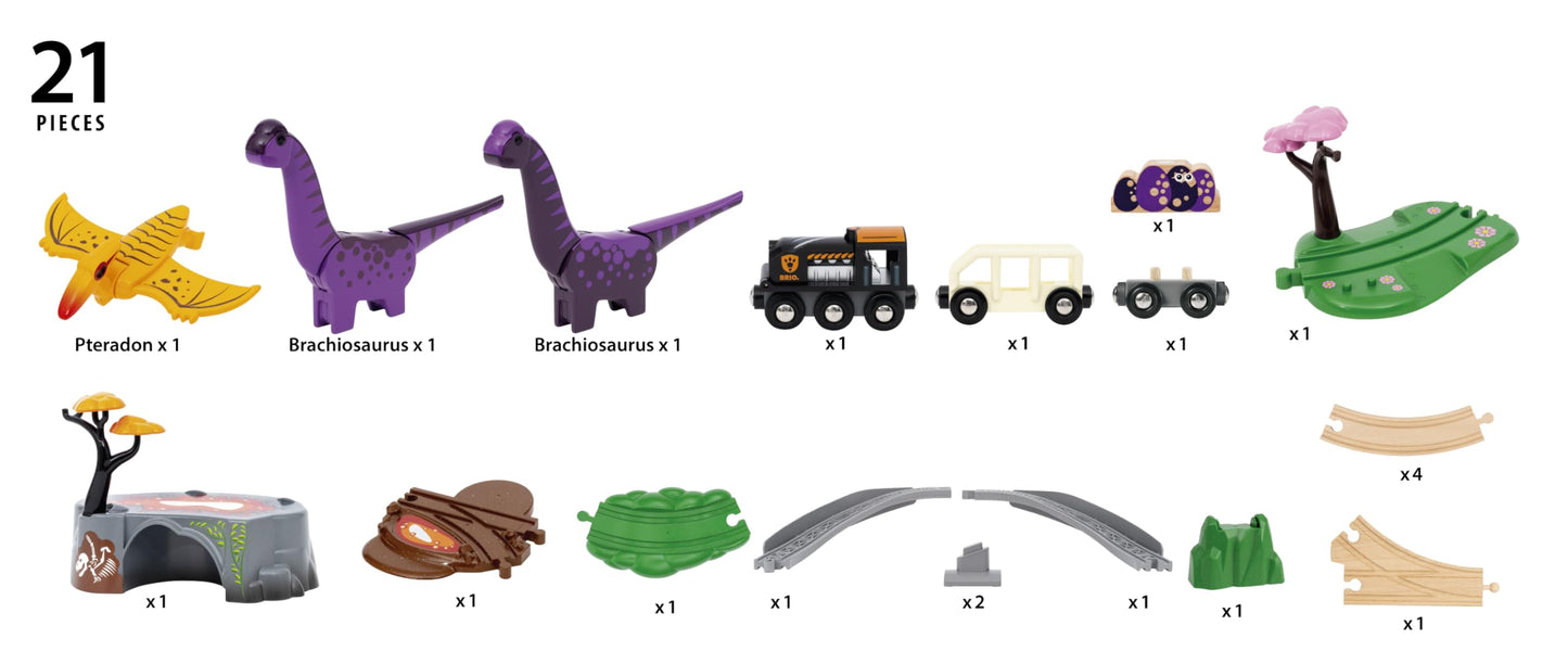 BRIO World Dinosaur Adventure Set – 21-Piece FSC-Certified Wooden Train Set