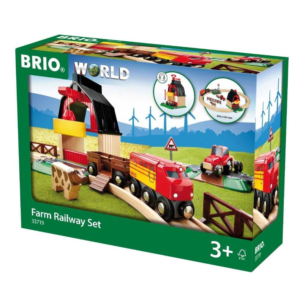 BRIO World Farm Railway Set — 20-Piece FSC-Certified Wooden Train Set with Barn, Tractor, Crane