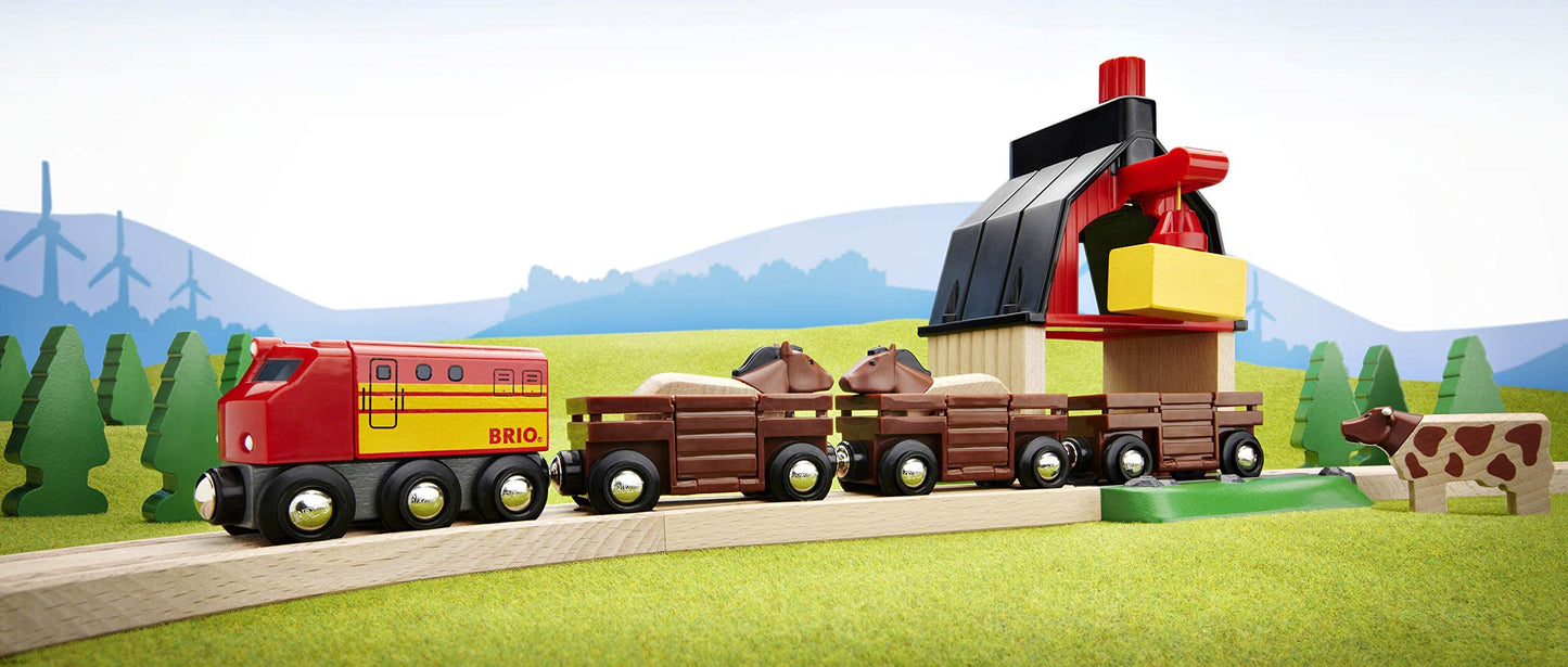 BRIO World Farm Railway Set — 20-Piece FSC-Certified Wooden Train Set with Barn, Tractor, Crane