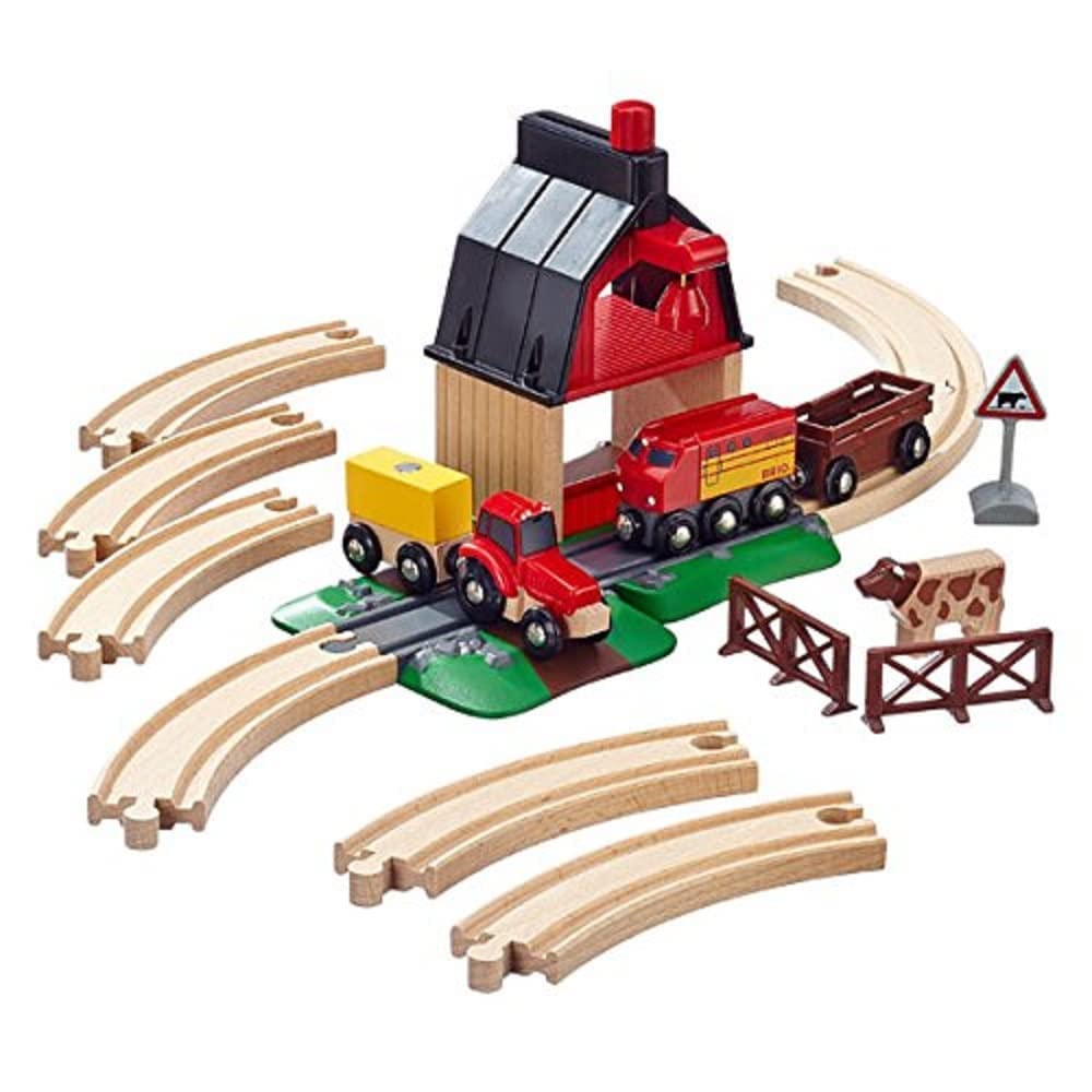 BRIO World Farm Railway Set — 20-Piece FSC-Certified Wooden Train Set with Barn, Tractor, Crane