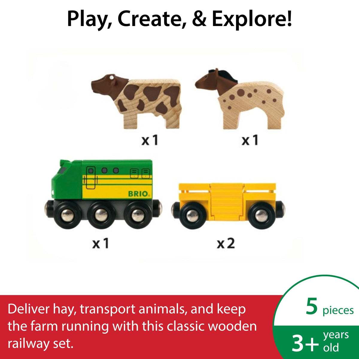 BRIO World Farm Train Set - 5-Piece FSC-Certified Wood | Compatible with All Wooden Railway Sets | Ages 3+