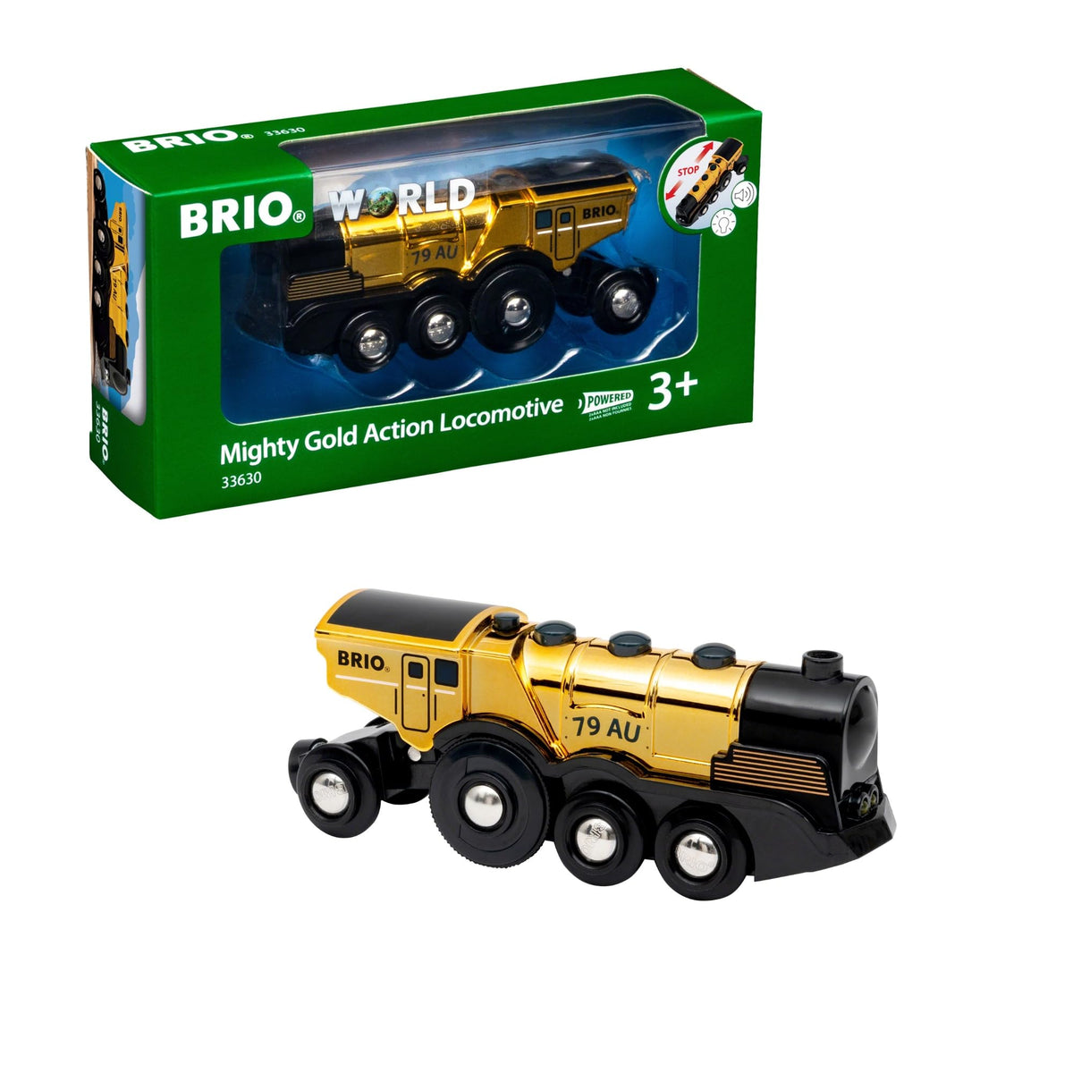 BRIO World Mighty Golden Action Locomotive — Battery-Operated Train for Wooden Tracks
