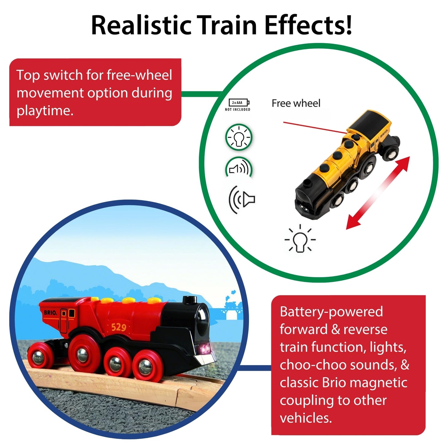 BRIO World Mighty Golden Action Locomotive — Battery-Operated Train for Wooden Tracks