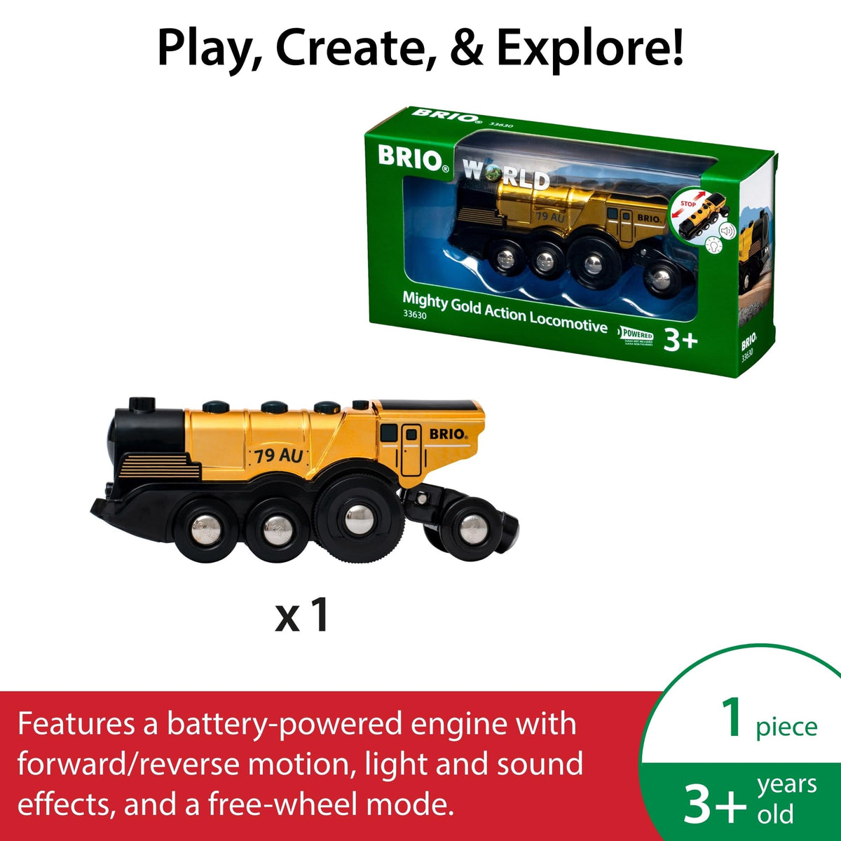 BRIO World Mighty Golden Action Locomotive — Battery-Operated Train for Wooden Tracks