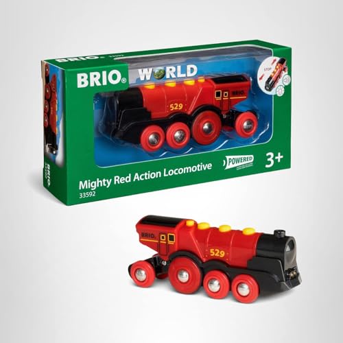 BRIO World Mighty Red Action Locomotive – Battery-Operated Wooden Train with Lights & Sound | BRIO World