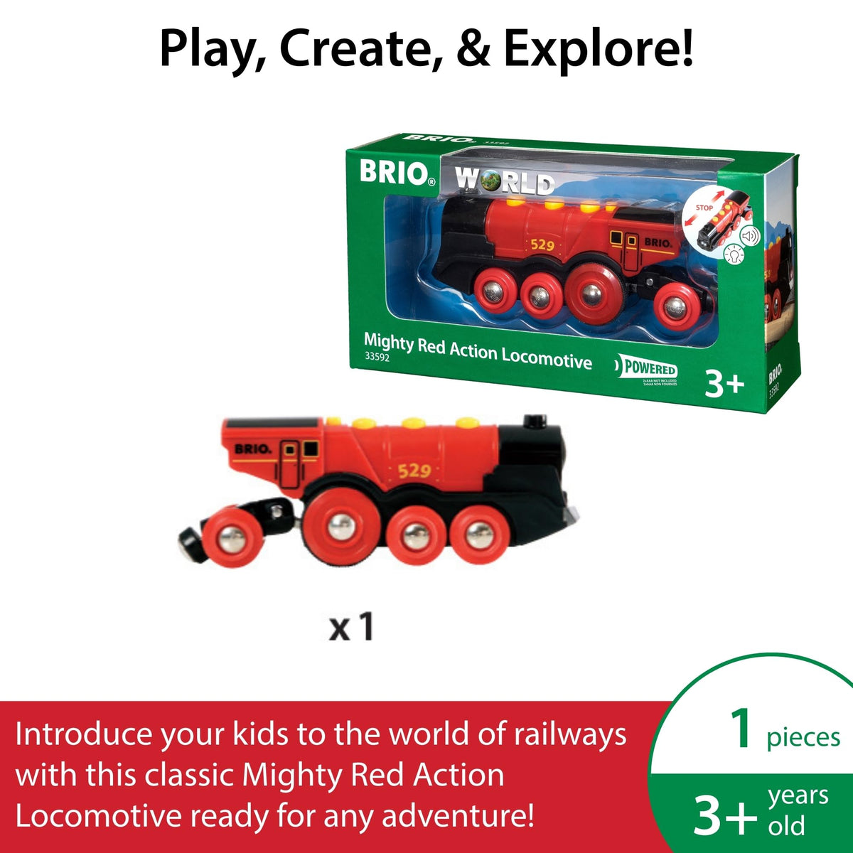 BRIO World Mighty Red Action Locomotive – Battery-Operated Wooden Train with Lights & Sound | BRIO World