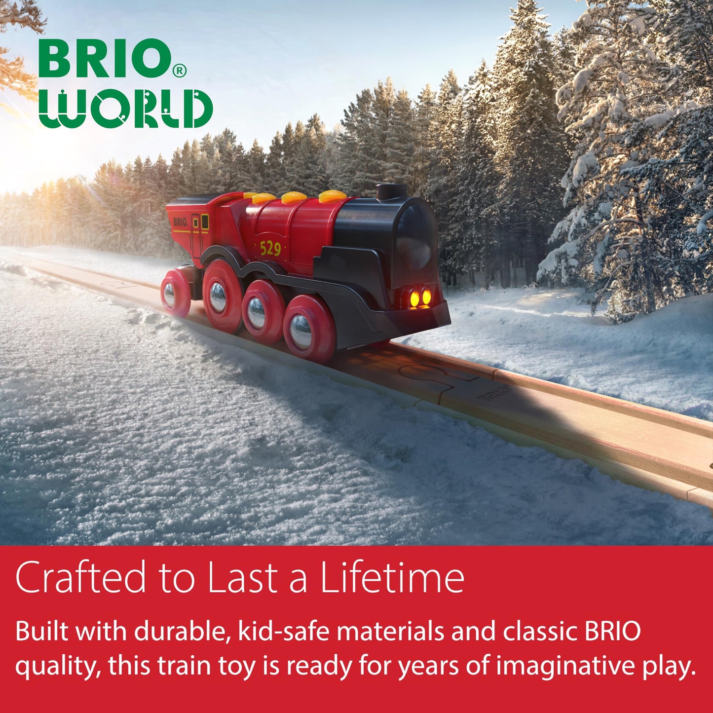 BRIO World Mighty Red Action Locomotive – Battery-Operated Wooden Train with Lights & Sound | BRIO World