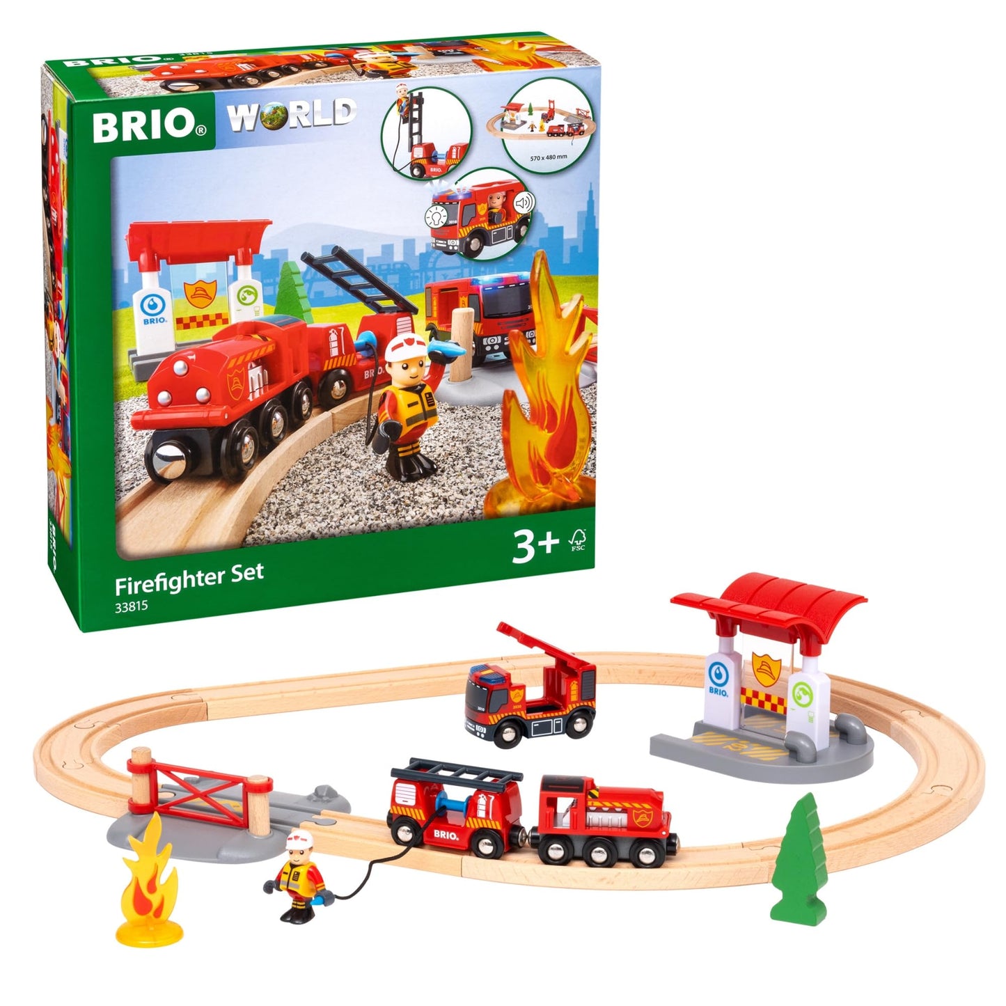 BRIO World Rescue Firefighter Set - 18-Piece FSC-Certified Wood Train Set with Lights & Sound