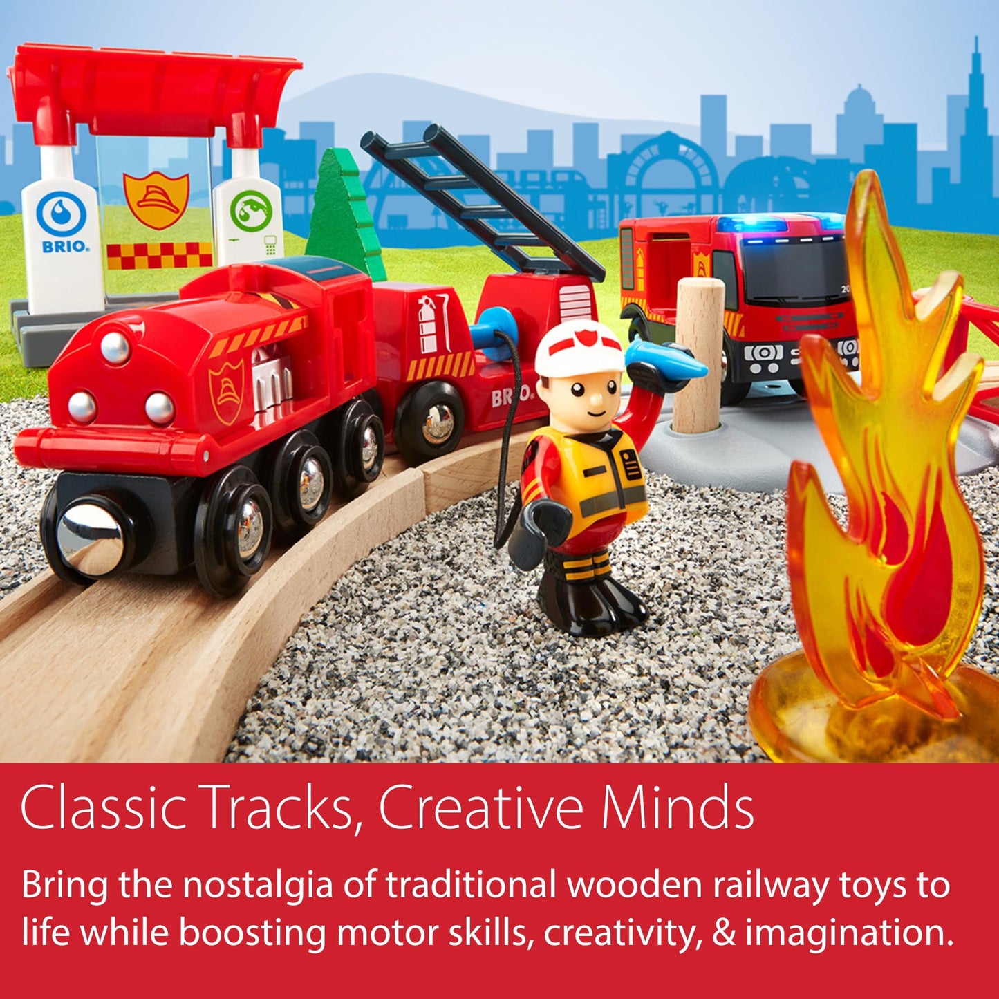 BRIO World Rescue Firefighter Set - 18-Piece FSC-Certified Wood Train Set with Lights & Sound