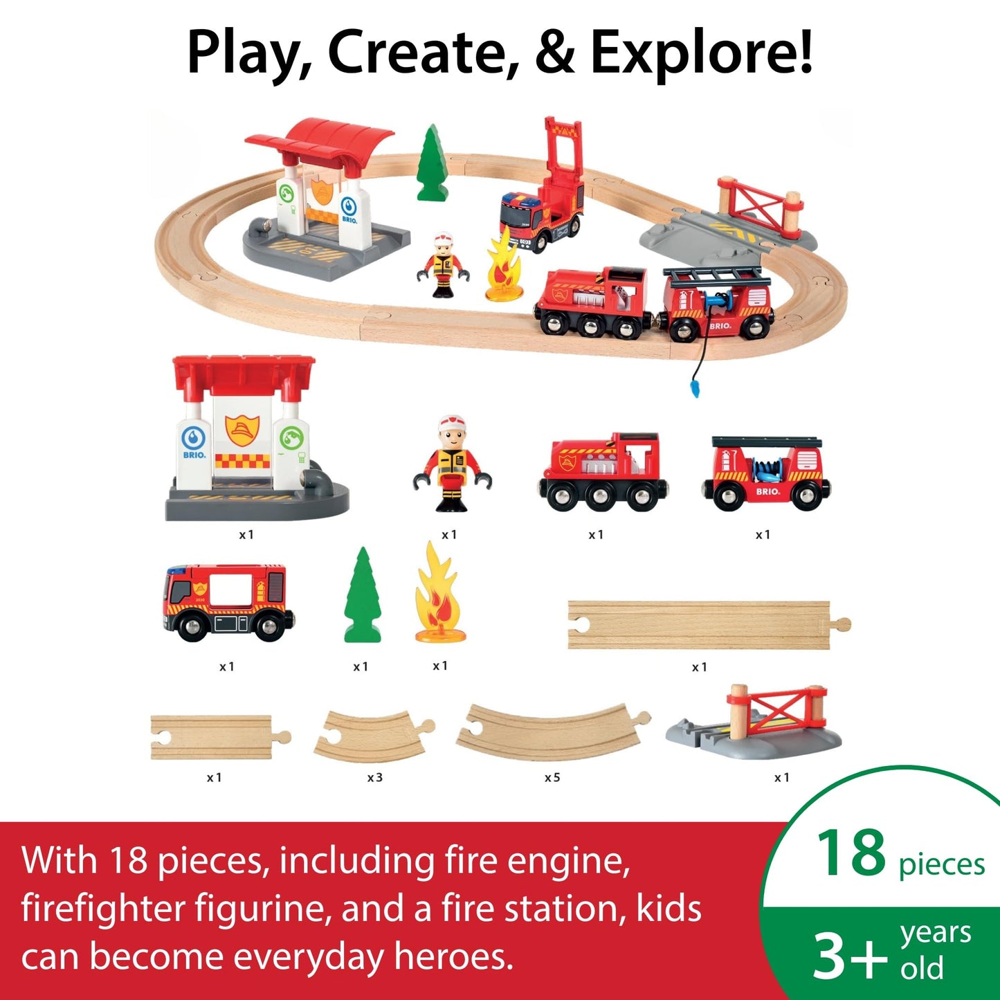 BRIO World Rescue Firefighter Set - 18-Piece FSC-Certified Wood Train Set with Lights & Sound