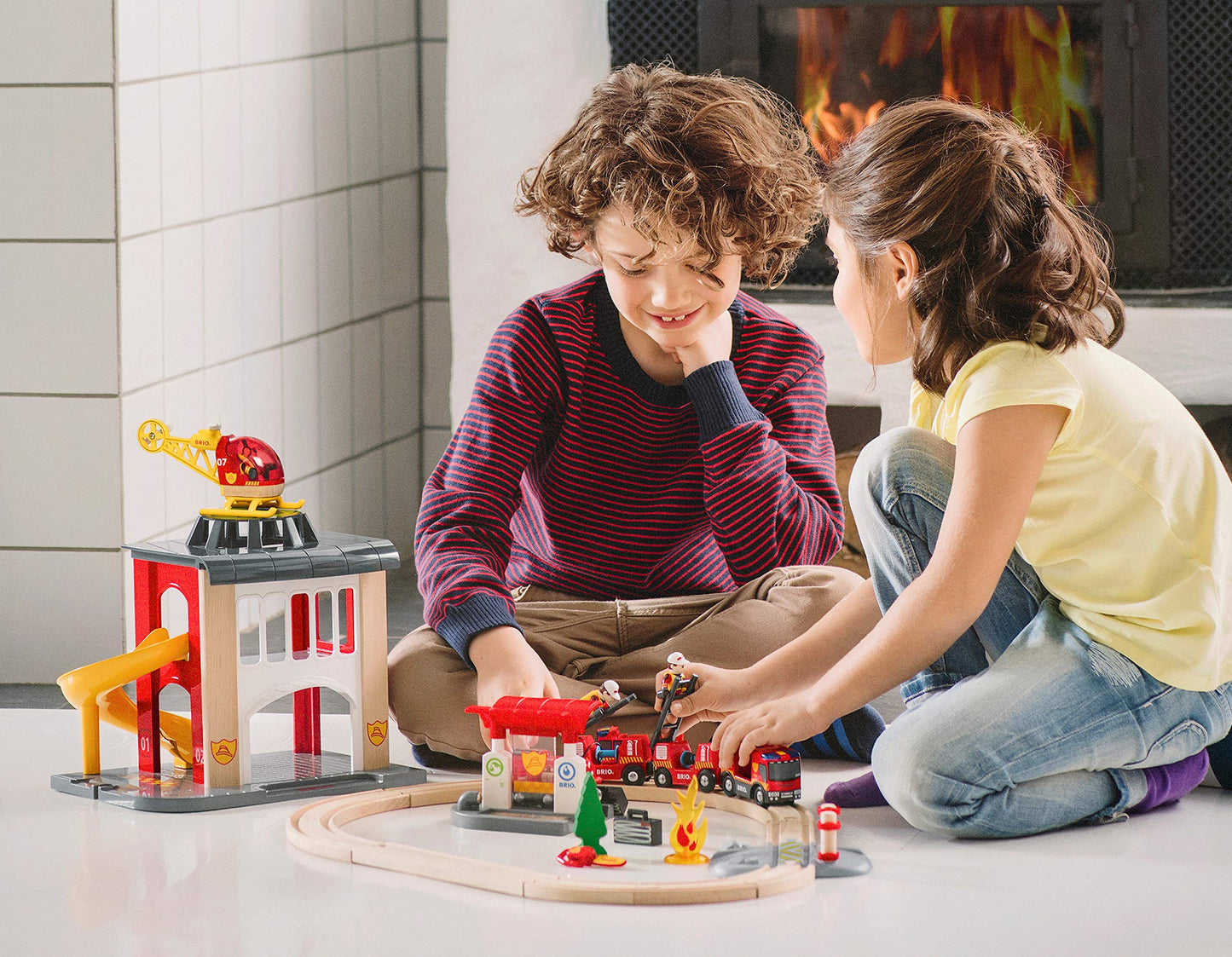 BRIO World Rescue Firefighter Set - 18-Piece FSC-Certified Wood Train Set with Lights & Sound