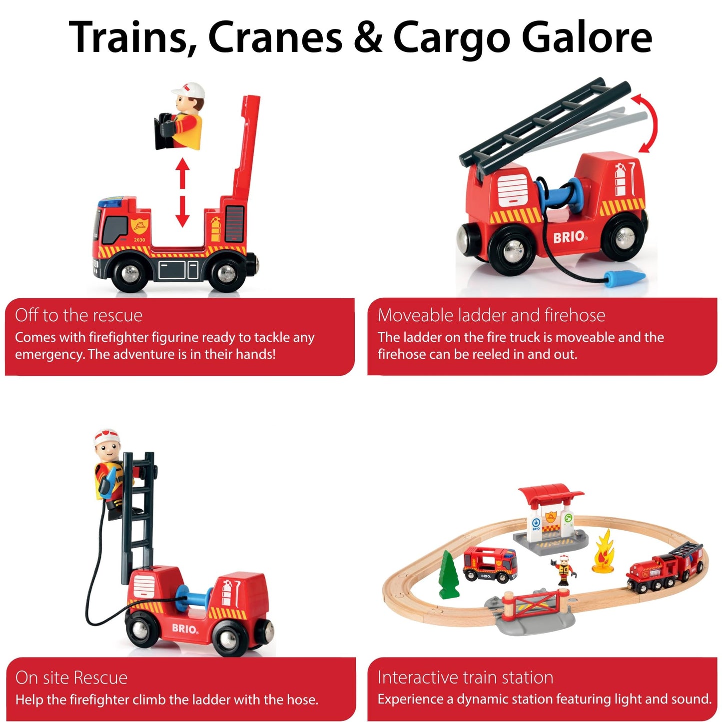 BRIO World Rescue Firefighter Set - 18-Piece FSC-Certified Wood Train Set with Lights & Sound