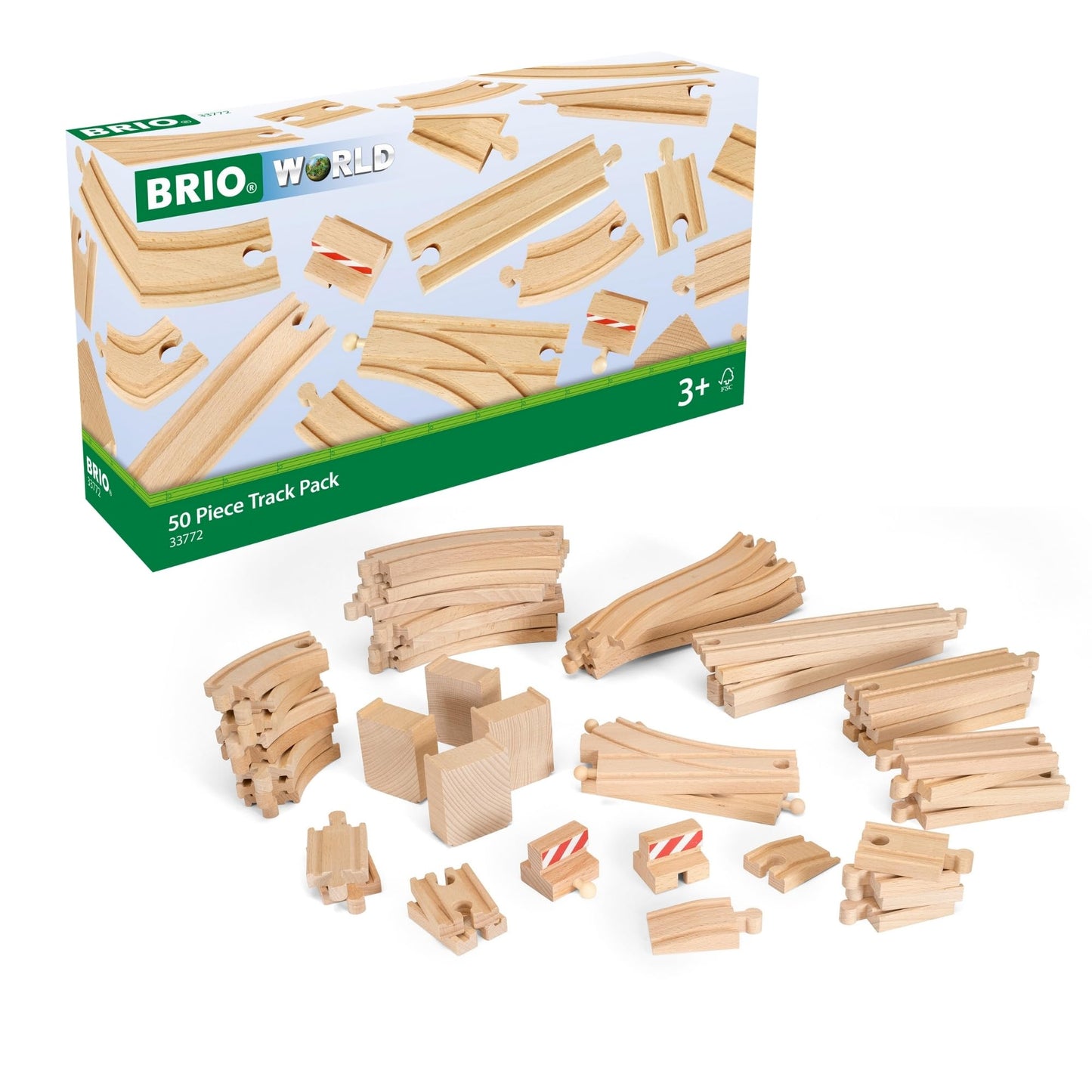 BRIO World 50-Piece Track Pack | FSC-Certified Wooden Tracks for BRIO Rail Sets | Ages 3+